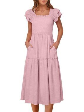Caracilia Women's Bright Pink Casual Ruffle Short Sleeve Square Neck Maxi Dress